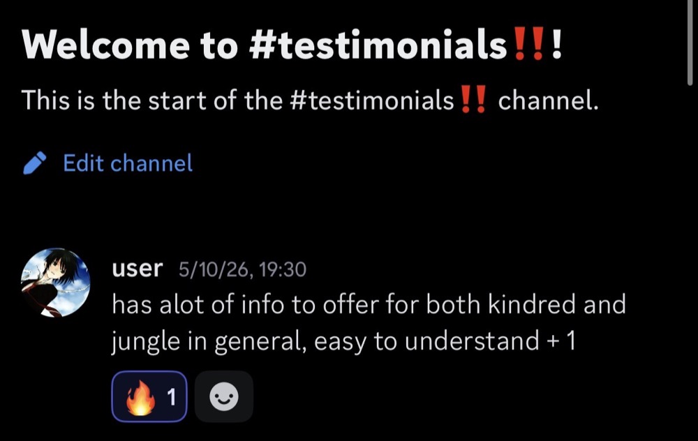 Discord testimonial: lots of useful info for Kindred and jungle, easy to understand