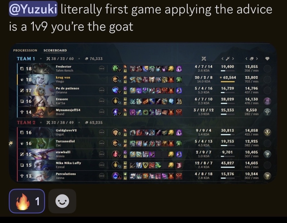 Discord testimonial: first game applying the advice was a 1v9, scoreboard shown