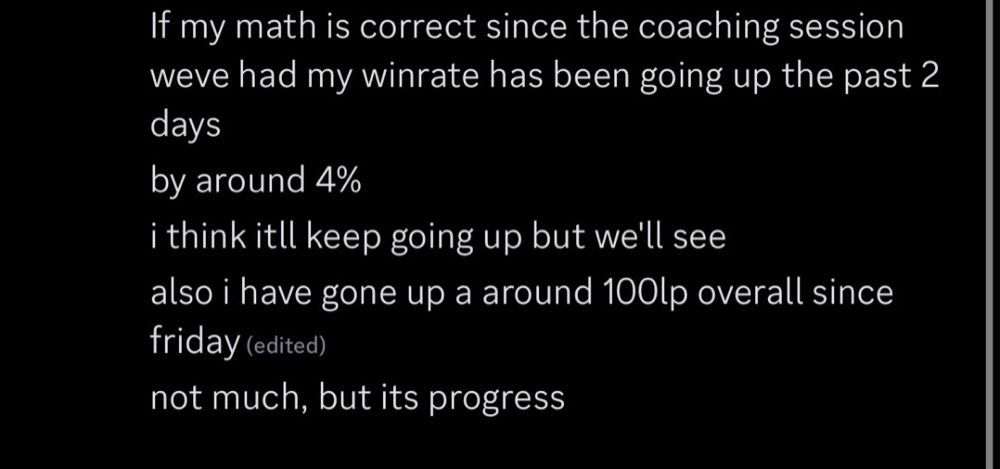 Discord testimonial: winrate up and around 100 LP gained since the coaching session