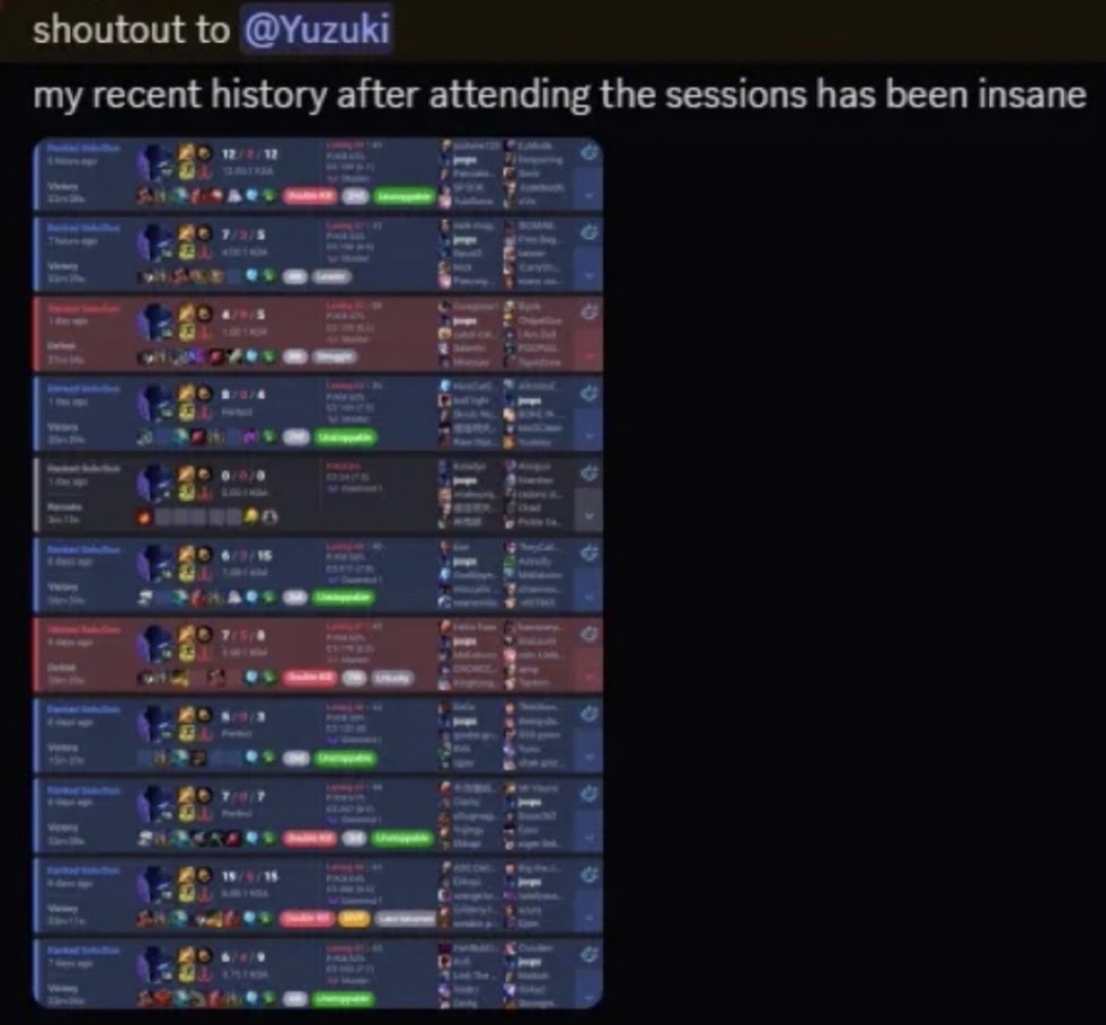 Discord testimonial: recent match history after the sessions has been insane
